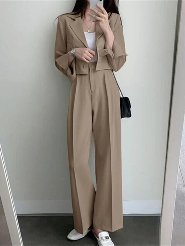 Aelegantmis jauni divdaļīgie žakešu komplekti sievietēm ar garām piedurknēm bleizeri ar augstu vidukli, platas bikses komplekti, kosāls pavasara rudens tērps.