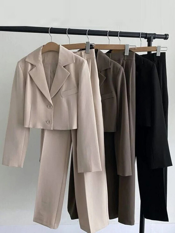 Aelegantmis jauni divdaļīgie žakešu komplekti sievietēm ar garām piedurknēm bleizeri ar augstu vidukli, platas bikses komplekti, kosāls pavasara rudens tērps.