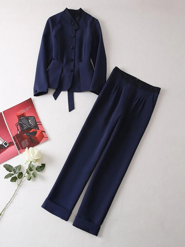 ZJYT őszi téli blézer nadrág szettek 2 részes női Elegáns irodai női üzleti ruhák Kék felső nadrágok öltönyök Conjuntos