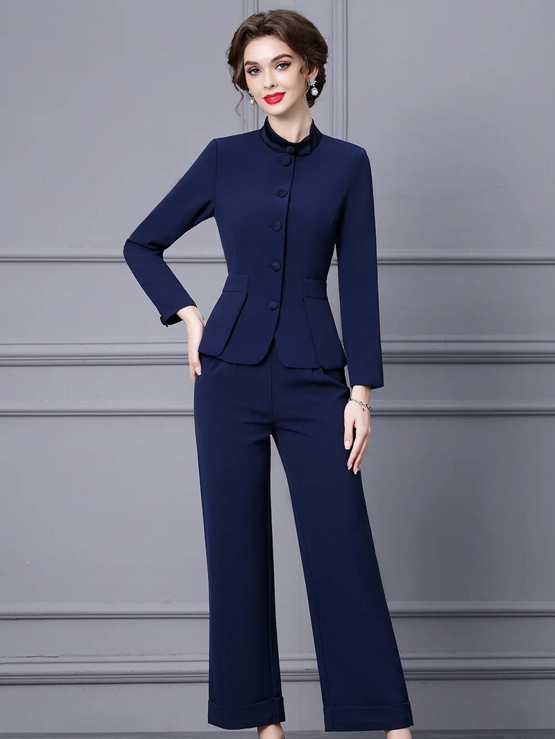 ZJYT őszi téli blézer nadrág szettek 2 részes női Elegáns irodai női üzleti ruhák Kék felső nadrágok öltönyök Conjuntos