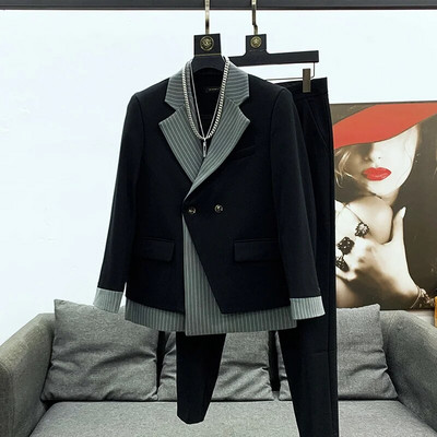 PFHQ 2023 koreai elegáns blézer dizájn Divatos férfi öltönyök csíkos patchwork gallér dzsekik nadrág szett Stílusos kiváló minőségű ruhák