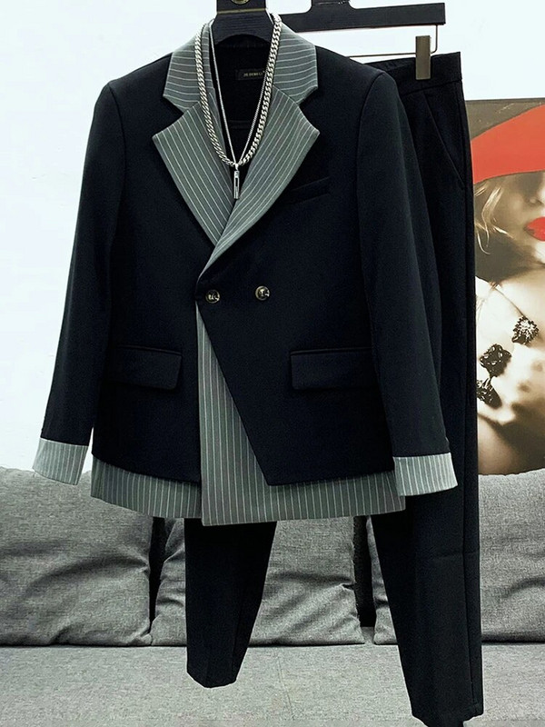 PFHQ 2023 koreai elegáns blézer dizájn Divatos férfi öltönyök csíkos patchwork gallér dzsekik nadrág szett Stílusos kiváló minőségű ruhák