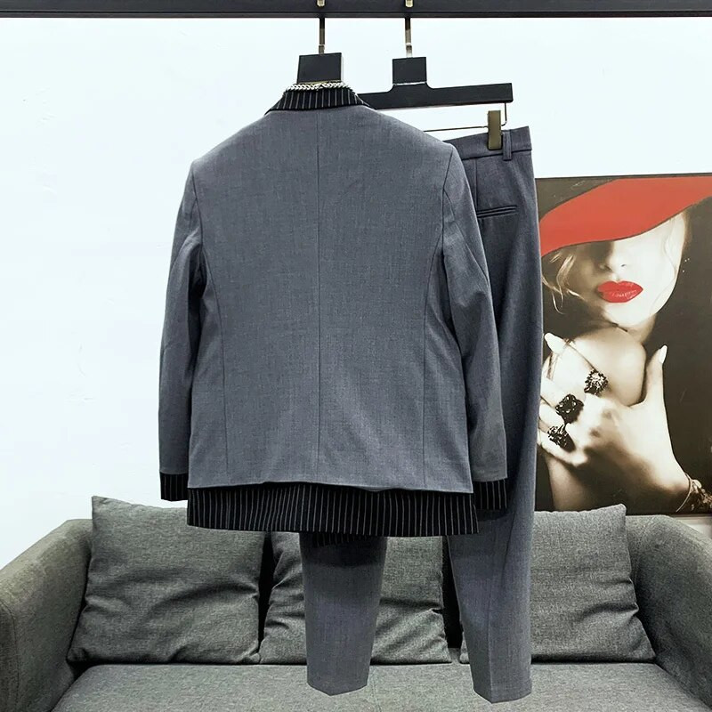 PFHQ 2023 koreai elegáns blézer dizájn Divatos férfi öltönyök csíkos patchwork gallér dzsekik nadrág szett Stílusos kiváló minőségű ruhák