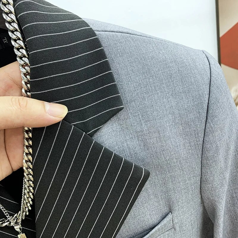 PFHQ 2023 koreai elegáns blézer dizájn Divatos férfi öltönyök csíkos patchwork gallér dzsekik nadrág szett Stílusos kiváló minőségű ruhák