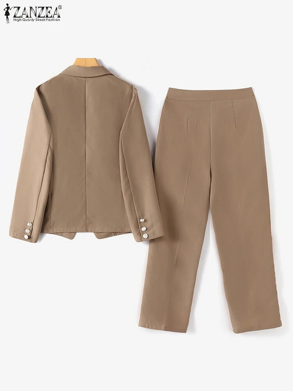 ZANZEA sieviešu uzvalku ikdienas biznesa saskaņošanas komplekti 2 gab. Eleganti žakešu tērpi ar garām piedurknēm biroja blūze ar augstu vidukli zīmuļu bikšu komplekti