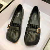 Jauni Sieviešu Loafers Kvadrātveida purngals Laivu apavi Ruffles Slip on Plakanas Kurpes Josta Loafer Melns Ādas ikdienas apavi Pavasaris Rudens 1620N