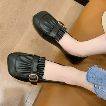 Νέα γυναικεία Loafers Square Toe Boat Shoes Ruffles Slip on Flat Shoes Belt Loafer Μαύρα δερμάτινα casual παπούτσια Άνοιξη φθινόπωρο 1620N