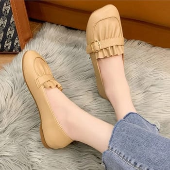 Νέα γυναικεία Loafers Square Toe Boat Shoes Ruffles Slip on Flat Shoes Belt Loafer Μαύρα δερμάτινα casual παπούτσια Άνοιξη φθινόπωρο 1620N