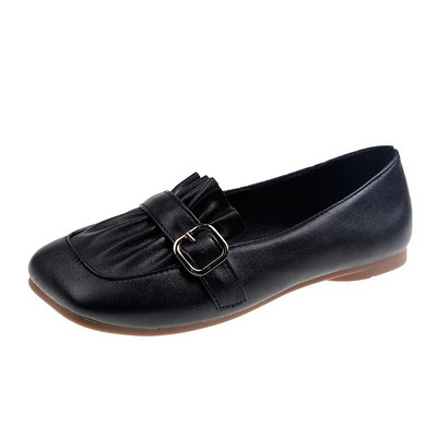 Jauni Sieviešu Loafers Kvadrātveida purngals Laivu apavi Ruffles Slip on Plakanas Kurpes Josta Loafer Melns Ādas ikdienas apavi Pavasaris Rudens 1620N