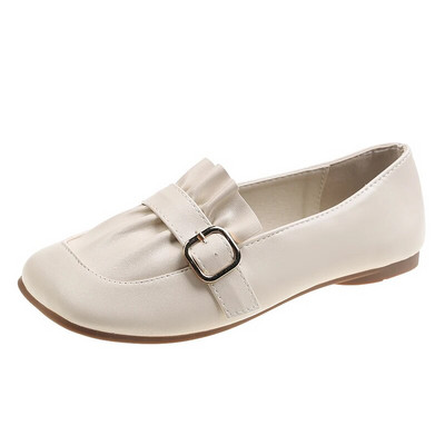 Jauni Sieviešu Loafers Kvadrātveida purngals Laivu apavi Ruffles Slip on Plakanas Kurpes Josta Loafer Melns Ādas ikdienas apavi Pavasaris Rudens 1620N