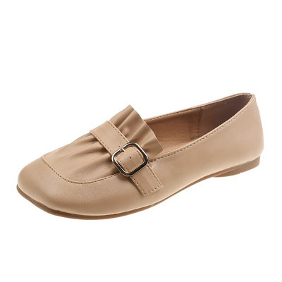 Jauni Sieviešu Loafers Kvadrātveida purngals Laivu apavi Ruffles Slip on Plakanas Kurpes Josta Loafer Melns Ādas ikdienas apavi Pavasaris Rudens 1620N