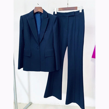 Κοστούμια παντελονιού Blazer Γυναικεία μπλέ μπουφάν με μονό κουμπί παντελόνι Flare παντελόνι δύο τεμαχίων Γραφείο επαγγελματικό γυναικείο κοστούμι