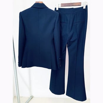 Κοστούμια παντελονιού Blazer Γυναικεία μπλέ μπουφάν με μονό κουμπί παντελόνι Flare παντελόνι δύο τεμαχίων Γραφείο επαγγελματικό γυναικείο κοστούμι