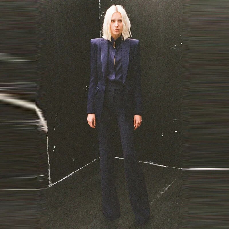 Bikses kostīmi, žakete Sieviešu tumši zila jaka ar vienu pogu uzliesmojošas bikses divdaļīgi komplekti Biroja biznesa sieviešu uzvalku tērpi