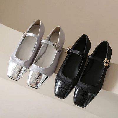 Nauji moteriški Mary Janes batai kvadratiniais pirštais, gėlėmis sagtimi Odiniai batai moteriški žemakulniai Suknelė Batai Sliver Zapatos Mujer 1426N