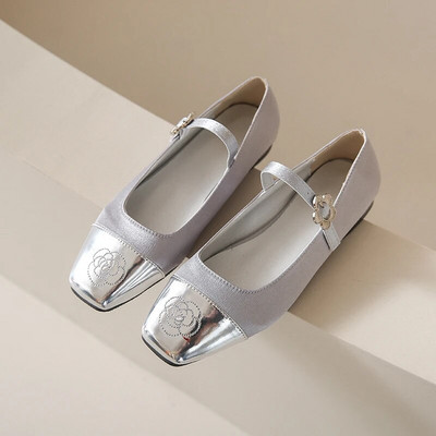 Nove ženske cipele Mary Janes s ravnim prstima, kožne cipele s kopčom u obliku cvijeta, ženske cipele na nisku petu, srebrne Zapatos Mujer 1426N