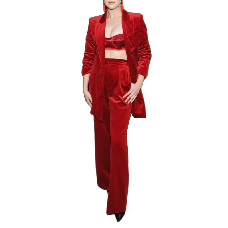 Sieviešu samta bikšu komplekts Pieguļošs biznesa darba apģērbam kāzu smokings žakete + bikses