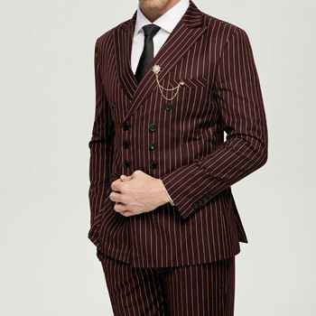 Fashion Wine Red Pinstripe Ανδρικά κοστούμια 2 τεμαχίων Groom Business Slim Fit Wedding Prom Wedding Tuxedos Blazer Jacket+Pants Business Banquet