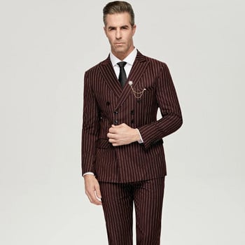 Fashion Wine Red Pinstripe Ανδρικά κοστούμια 2 τεμαχίων Groom Business Slim Fit Wedding Prom Wedding Tuxedos Blazer Jacket+Pants Business Banquet