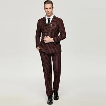 Fashion Wine Red Pinstripe Ανδρικά κοστούμια 2 τεμαχίων Groom Business Slim Fit Wedding Prom Wedding Tuxedos Blazer Jacket+Pants Business Banquet