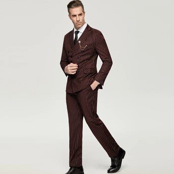 Fashion Wine Red Pinstripe Ανδρικά κοστούμια 2 τεμαχίων Groom Business Slim Fit Wedding Prom Wedding Tuxedos Blazer Jacket+Pants Business Banquet