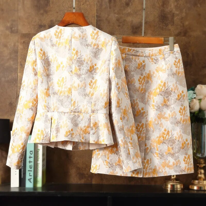 Sieviešu kostīmi Plāni vasaras O veida kakla žakarda pinumi Bleizeru svārki 2 gabalu komplekts Sieviešu svārku kostīmi Sieviešu komplektu kostīmi 230306