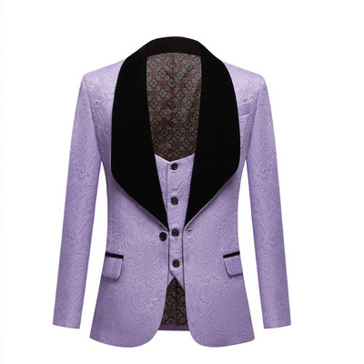 Violeta atloka vīriešu uzvalku komplekts liela izmēra kāzu izlaiduma balles līgavaiņa smokings 3 daļ. uzvalks līgavaiņa smokings vīriešu violets melns šalles atloks