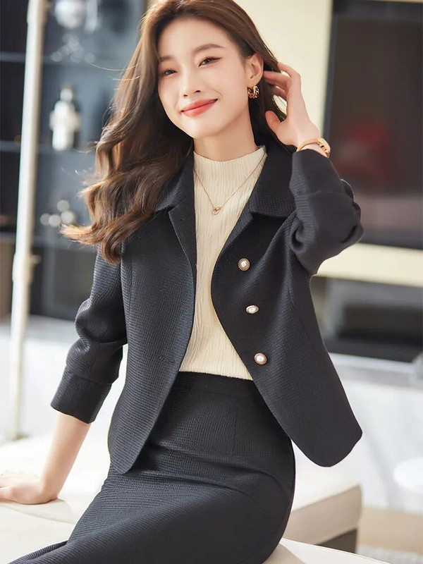 Elegantno crno crveno bež žensko odijelo sa suknjom, ženski ženski formalni dvodijelni komplet dugih rukava za jesen-zimu, poslovna radna odjeća