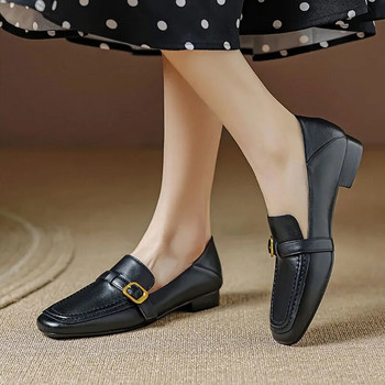 Νέα γυναικεία Loafers Square Toe Flats Slip on δερμάτινα παπούτσια Buckle Mules Γυναικεία ζώνη Oxford Shoes Black Loafer Zapatos Mujer 1319N