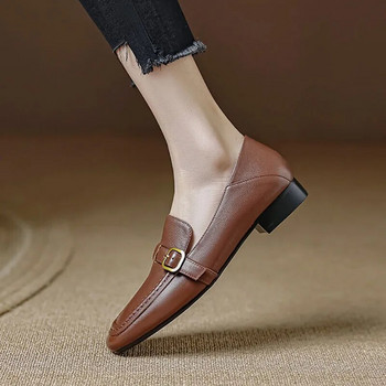 Нови дамски мокасини с квадратни пръсти с равни пръсти Кожени обувки с катарама Мулета Дамски колан Оксфордски обувки Черни мокасини Zapatos Mujer 1319N