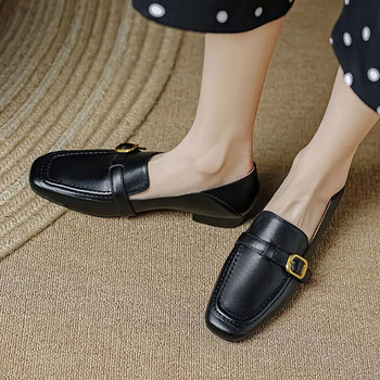 Нови дамски мокасини с квадратни пръсти с равни пръсти Кожени обувки с катарама Мулета Дамски колан Оксфордски обувки Черни мокасини Zapatos Mujer 1319N