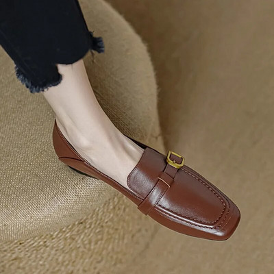 Νέα γυναικεία Loafers Square Toe Flats Slip on δερμάτινα παπούτσια Buckle Mules Γυναικεία ζώνη Oxford Shoes Black Loafer Zapatos Mujer 1319N