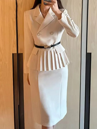 Fotvotee Komplet od 2 komada, jednobojni ženski, jesen-zima 2023., novi sako dugih rukava s otvorenim ovratnikom i elegantnim uredskim ženskim uskim suknjama