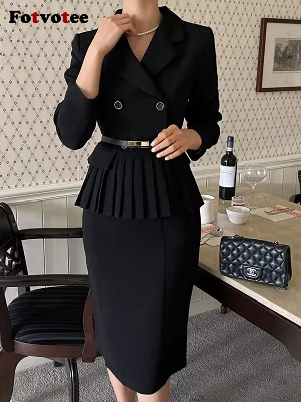 Fotvotee Komplet od 2 komada, jednobojni ženski, jesen-zima 2023., novi sako dugih rukava s otvorenim ovratnikom i elegantnim uredskim ženskim uskim suknjama