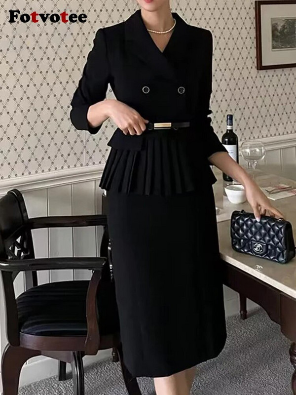 Fotvotee Komplet od 2 komada, jednobojni ženski, jesen-zima 2023., novi sako dugih rukava s otvorenim ovratnikom i elegantnim uredskim ženskim uskim suknjama