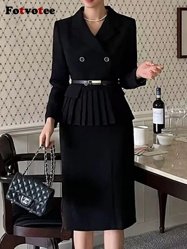 Fotvotee Komplet od 2 komada, jednobojni ženski, jesen-zima 2023., novi sako dugih rukava s otvorenim ovratnikom i elegantnim uredskim ženskim uskim suknjama