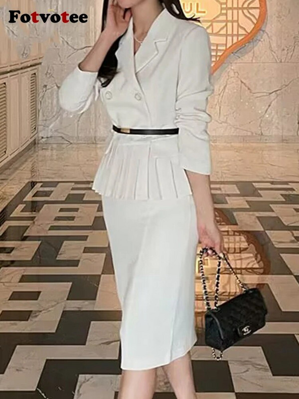 Fotvotee Komplet od 2 komada, jednobojni ženski, jesen-zima 2023., novi sako dugih rukava s otvorenim ovratnikom i elegantnim uredskim ženskim uskim suknjama