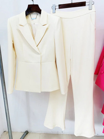 Buckle Blazer Pantsuits Women 2023 New Designer Milky White Suit Set Business Wear Σετ 2 τεμαχίων Suit Flare Pants