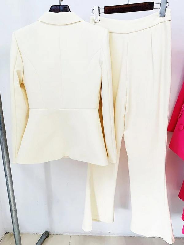 Dámske saká s prackou, nohavicové kostýmy z roku 2023, nové dizajnérske, mliečne biele, na ples, obchodné oblečenie, 2-dielny oblek, zvonové nohavice, set