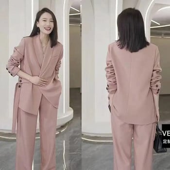 Κοστούμια για Γυναικεία Μπουφάν Μπλέιζερ 2023 Casual Σακάκια Κορεατικού στυλ 2 τεμαχίων Φαρδιά κοστούμι γραφείου Παντελόνι Γυναικείο φαρδύ πόδι