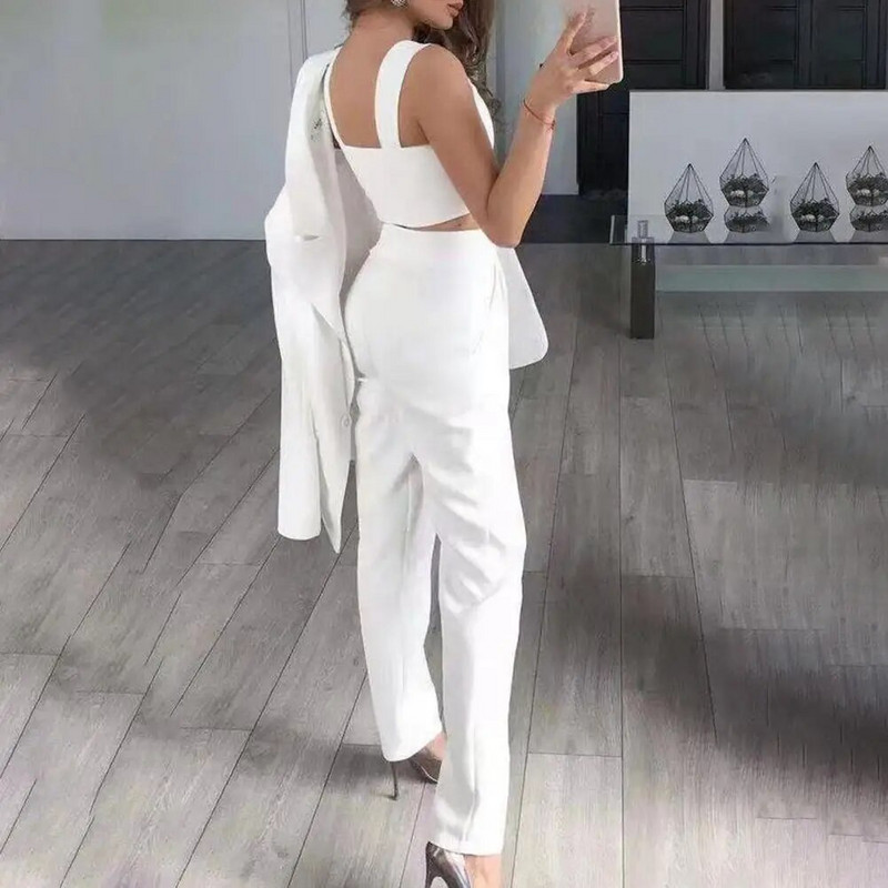 3Pcs/Set Ženska odijela Top sako i kaput s hlačama Ljetni remen s jednim gumbom Prozračna spuštena kragna Uredska ženska jakna S-3XL