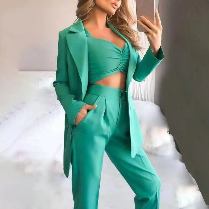 3Pcs/Set Ženska odijela Top sako i kaput s hlačama Ljetni remen s jednim gumbom Prozračna spuštena kragna Uredska ženska jakna S-3XL