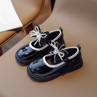 Nove jednostavne kožne cipele za djevojčice iz 2023. Sjajne dječje modne kožne cipele s mašnom u boji, neklizajuće, s okruglim prstima, dječje