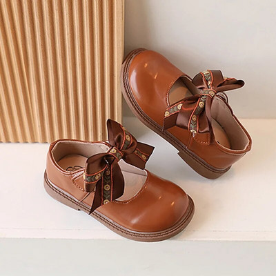 2023. gads. Jauns, vienkāršs, apaļš purngals, meiteņu loaferi, loki, neslīdoši, bērnu modes ādas apavi PU bērnu apavi Drop Shipping, āķis un cilpa, plakana