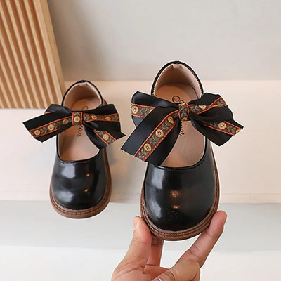 2023. gads. Jauns, vienkāršs, apaļš purngals, meiteņu loaferi, loki, neslīdoši, bērnu modes ādas apavi PU bērnu apavi Drop Shipping, āķis un cilpa, plakana