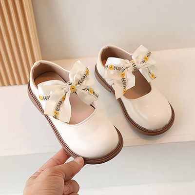 2023. gads. Jauns, vienkāršs, apaļš purngals, meiteņu loaferi, loki, neslīdoši, bērnu modes ādas apavi PU bērnu apavi Drop Shipping, āķis un cilpa, plakana