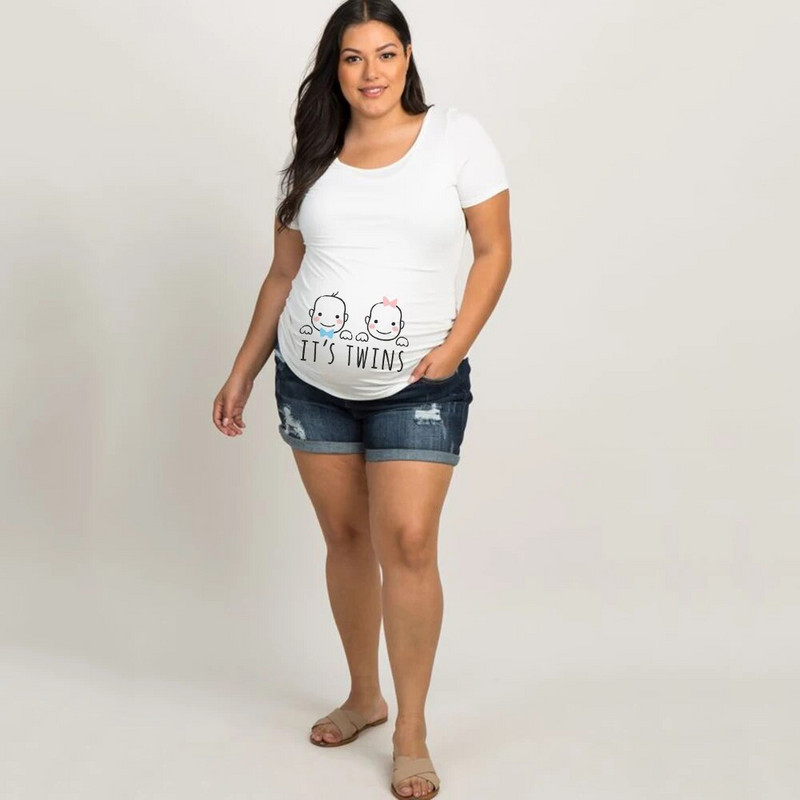 It`s Twins Terhességi póló Felsők Kismama Ruházat Nagy méretű, rövid ujjú terhes pólók Rajzfilm Nyomtatott Hirdetmény Pó
