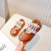 Bērnu modes meiteņu ādas apavi Mežģīņu pērles Mīlestība 2023. gads, jauns, mīksts, apaļš purngals, āķis un cilpa bērniem, daudzpusīgi ikdienas apavi kāzām