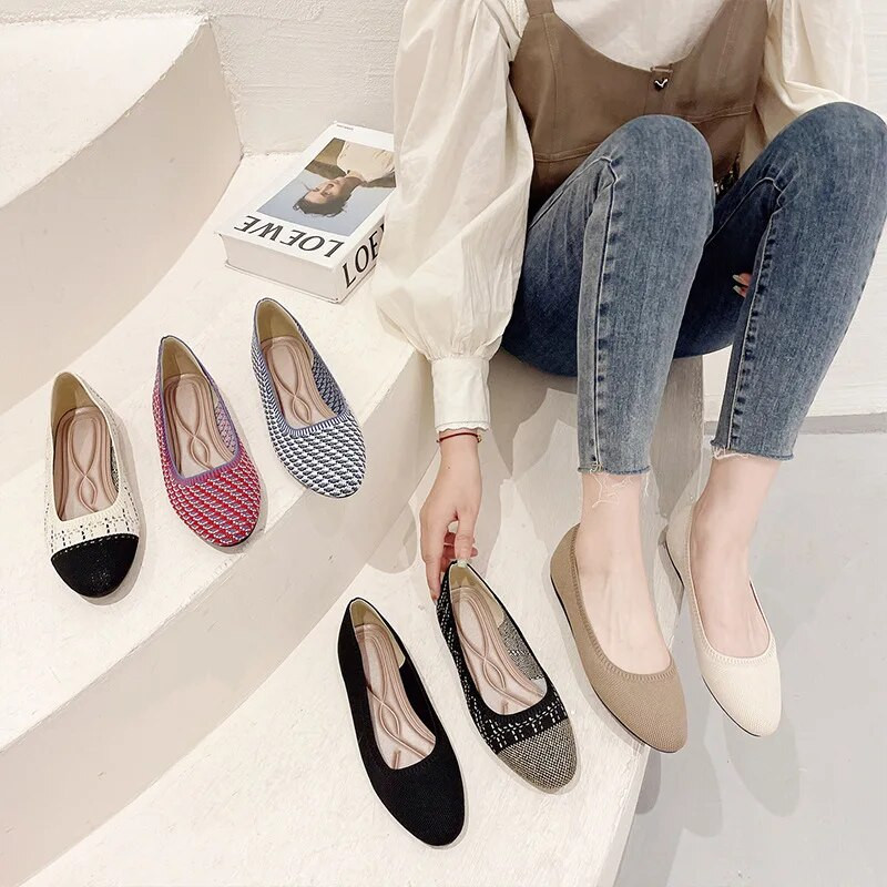 Proljetne i jesenske ženske ravne cipele 2023. Nova modna pletena tkanina Cipele s okruglom glavom i plitkim ustima Protuklizni potplat Radne cipele