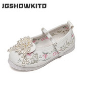 Meiteņu izšūtas kurpes Ķīniešu tradicionālās brīvdienu auduma kurpes bērniem Modes princese Etniskā ar pērlēm Pērlīšu kulons cute